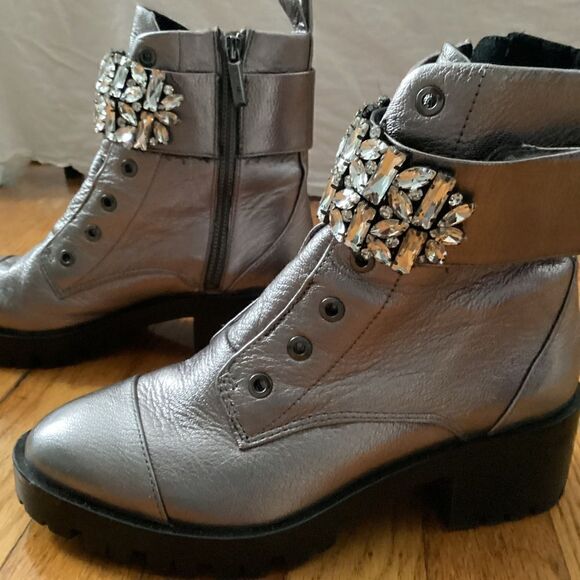 Karl Lagerfeld 6.5 leather silver boots embellished, bling - Picture 2 of 12